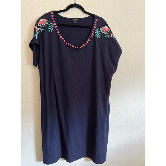 Talbots Dress 3X Blue Embroidered Short Tie Sleeve Cotton Washable - Picture 6 of 14